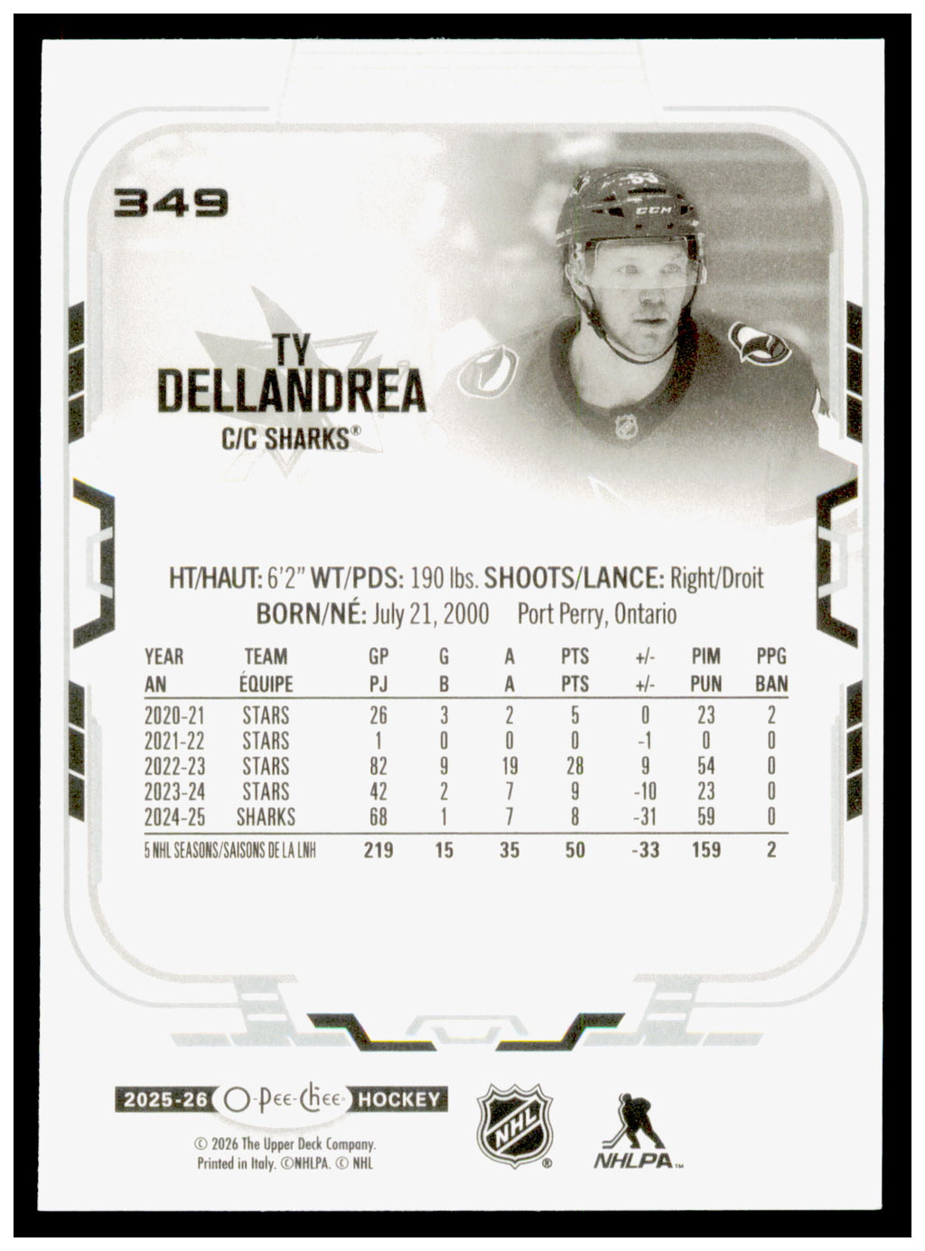 2025-26 O-Pee-Chee Ty Dellandrea Card San Jose Sharks #349