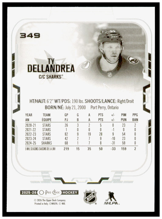 2025-26 O-Pee-Chee Ty Dellandrea Card San Jose Sharks #349