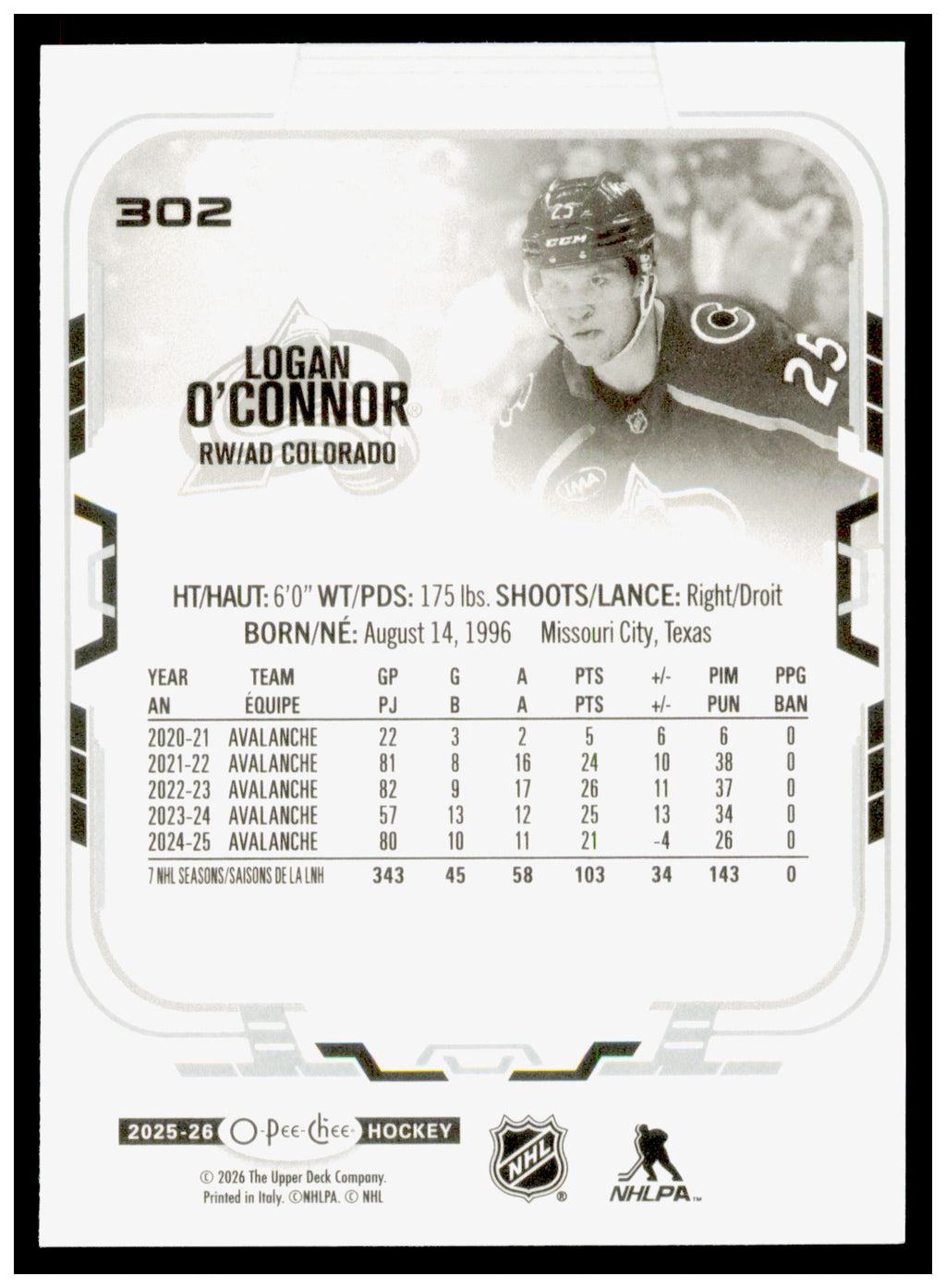 2025-26 O-Pee-Chee Logan O'Connor Card Colorado Avalanche #302