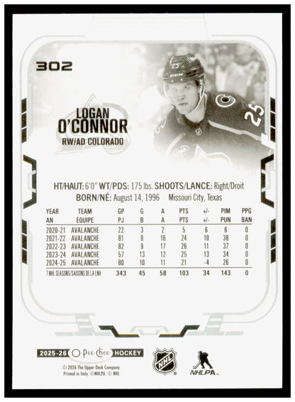 2025-26 O-Pee-Chee Logan O'Connor Card Colorado Avalanche #302