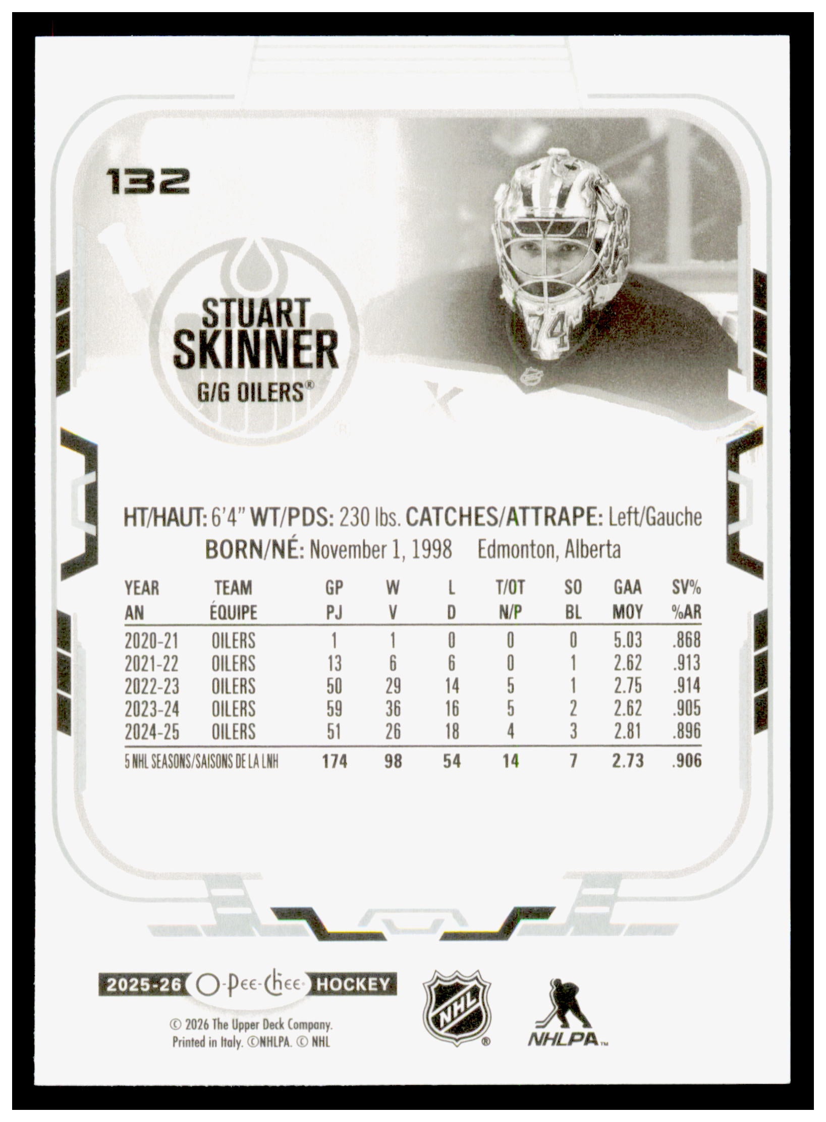 2025-26 O-Pee-Chee Stuart Skinner Card Edmonton Oilers #132