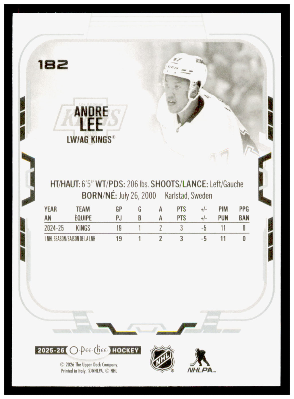 2025-26 O-Pee-Chee Andre Lee Card Los Angeles Kings #182