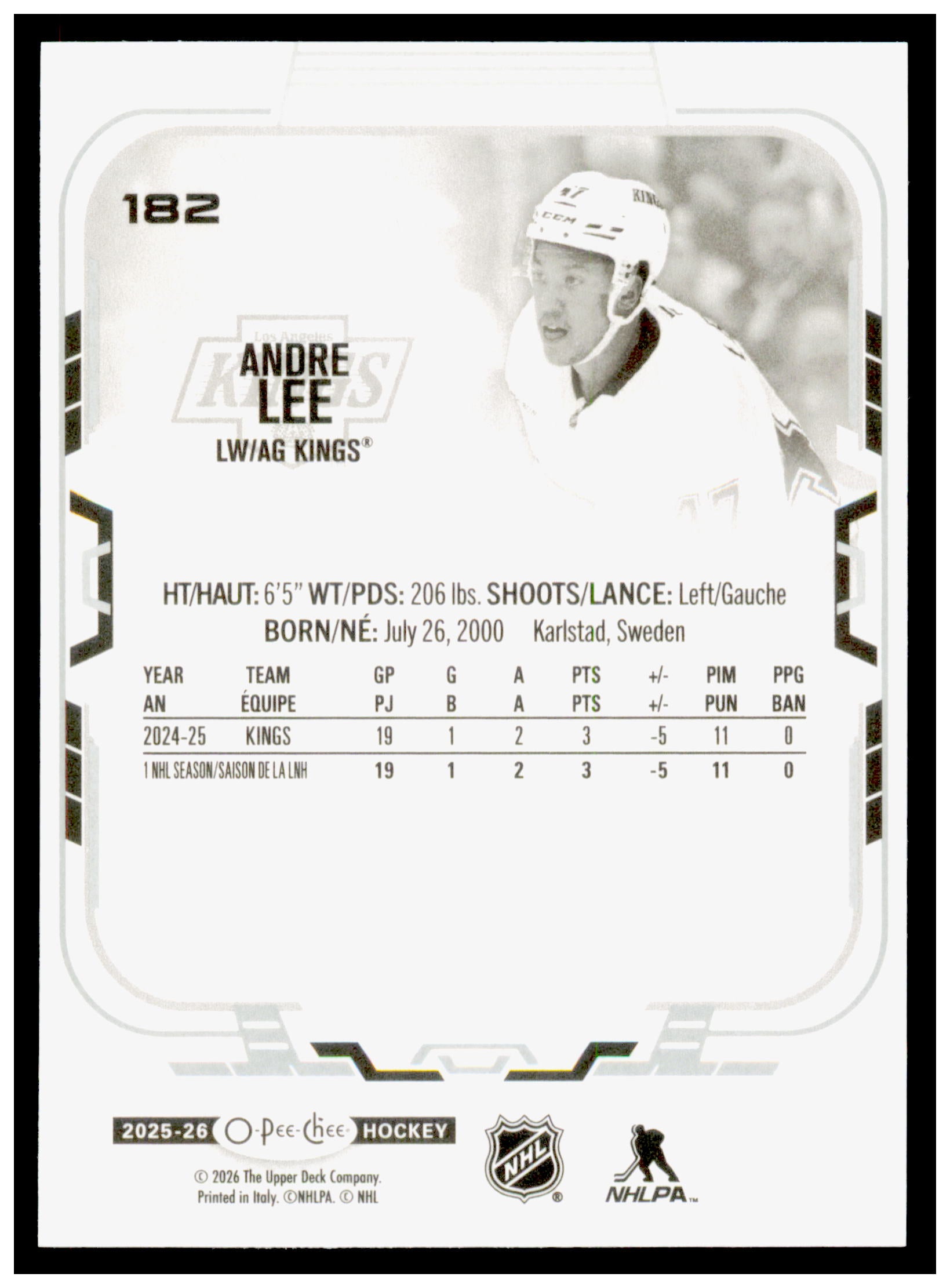 2025-26 O-Pee-Chee Andre Lee Card Los Angeles Kings #182