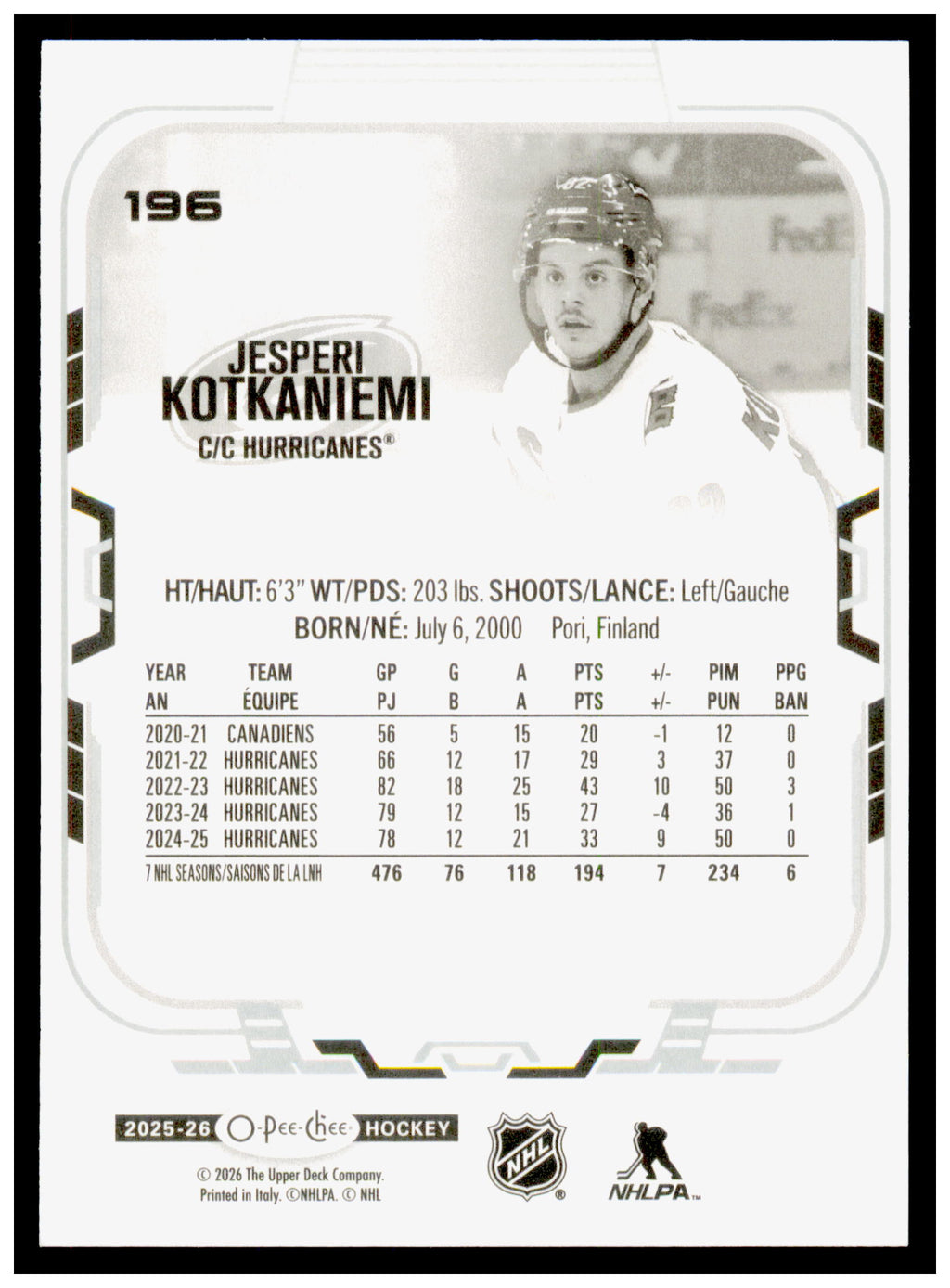 2025-26 O-Pee-Chee Jesperi Kotkaniemi Card Carolina Hurricanes #196