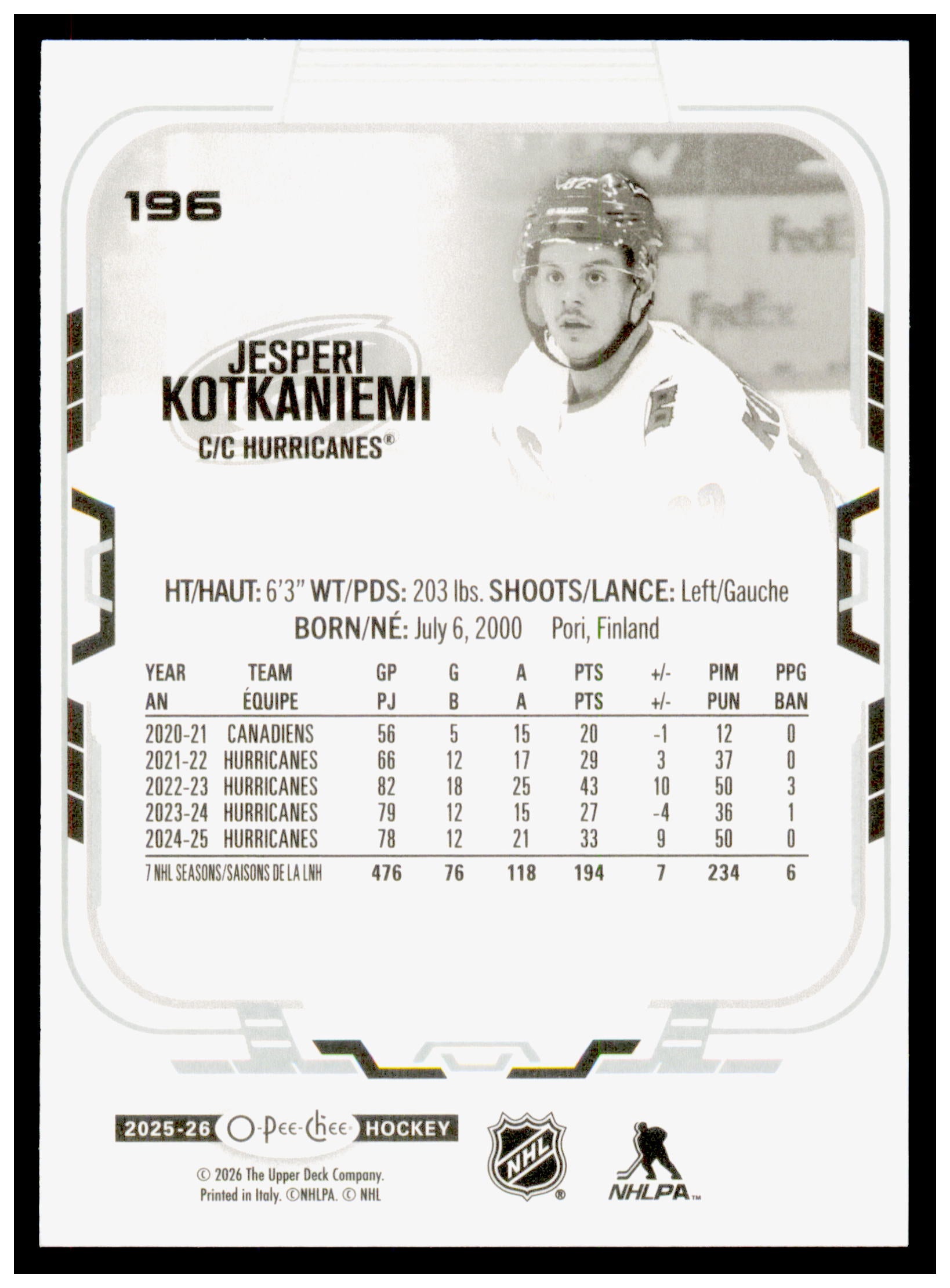 2025-26 O-Pee-Chee Jesperi Kotkaniemi Card Carolina Hurricanes #196