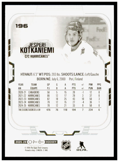 2025-26 O-Pee-Chee Jesperi Kotkaniemi Card Carolina Hurricanes #196