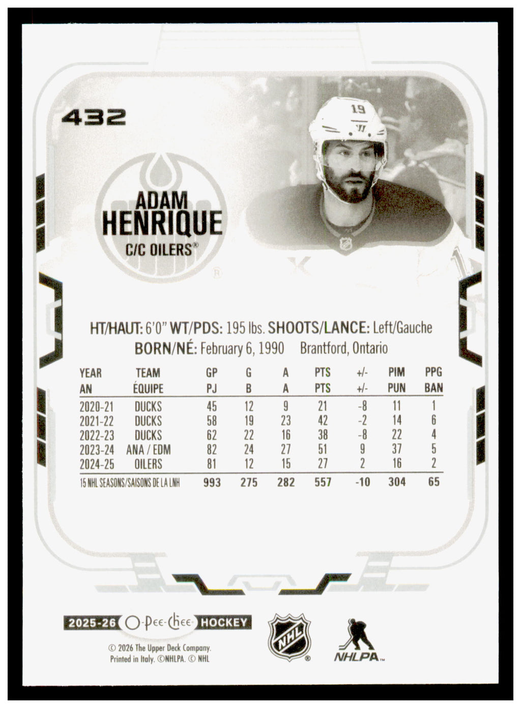 2025-26 O-Pee-Chee Adam Henrique Card Edmonton Oilers #432