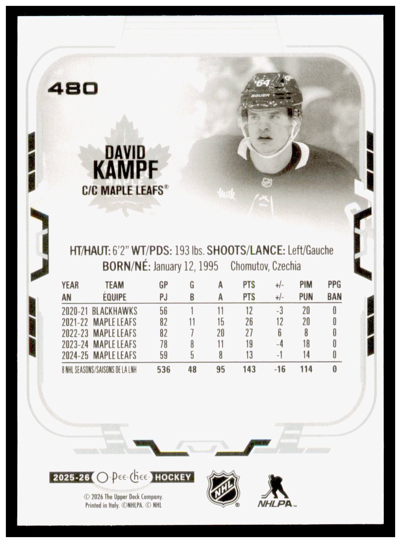 2025-26 O-Pee-Chee David Kampf Card Toronto Maple Leafs #480