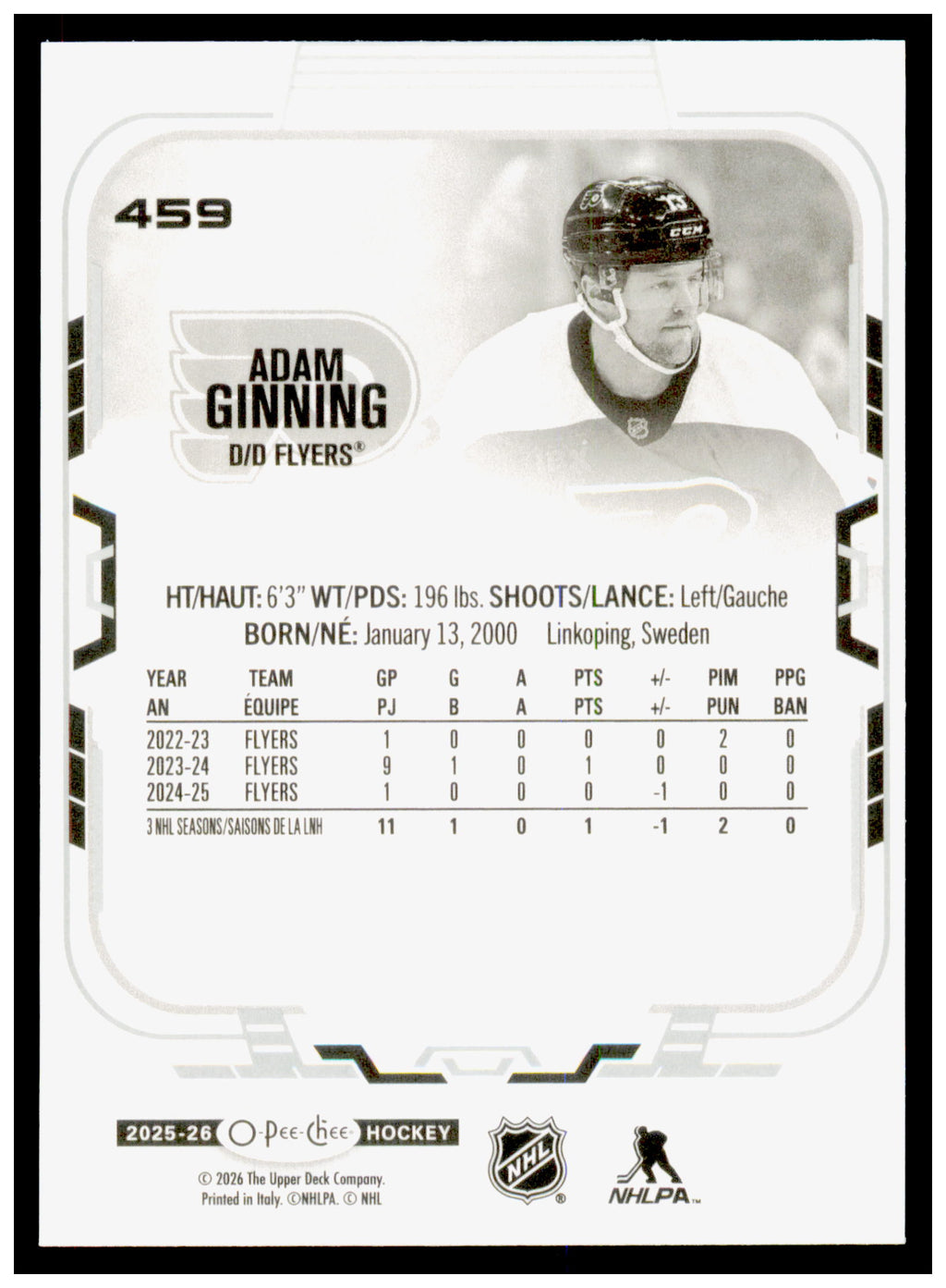 2025-26 O-Pee-Chee Adam Ginning Card Philadelphia Flyers #459