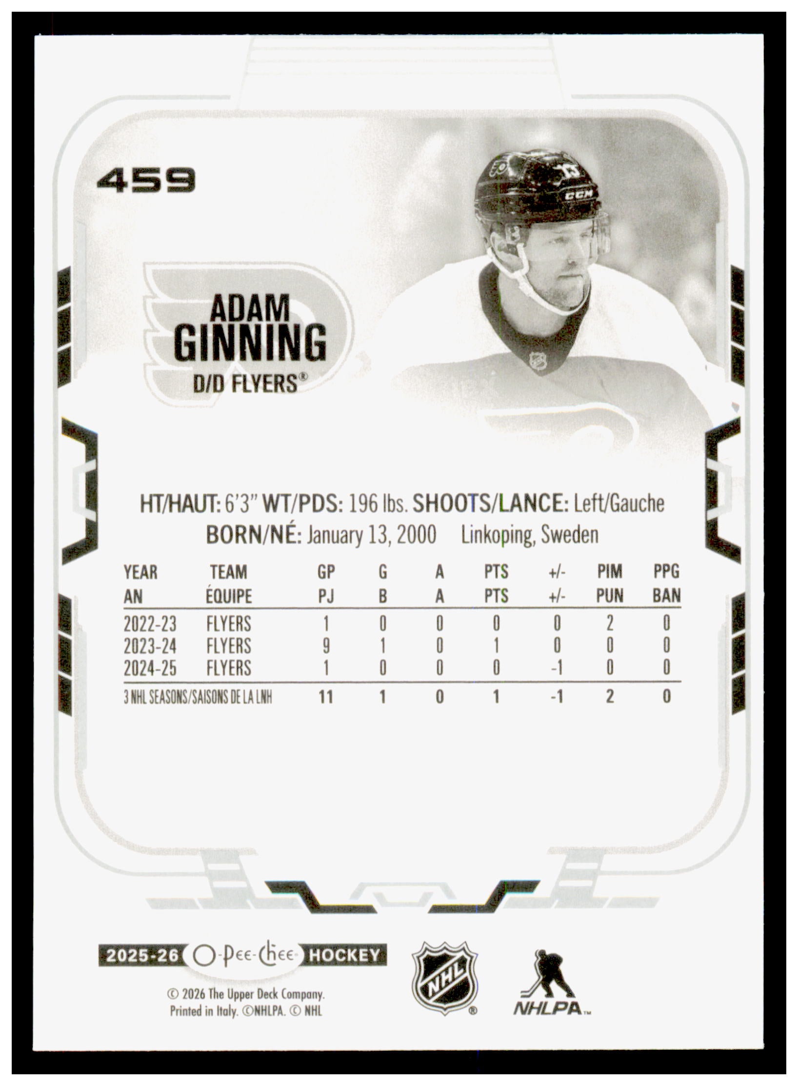 2025-26 O-Pee-Chee Adam Ginning Card Philadelphia Flyers #459