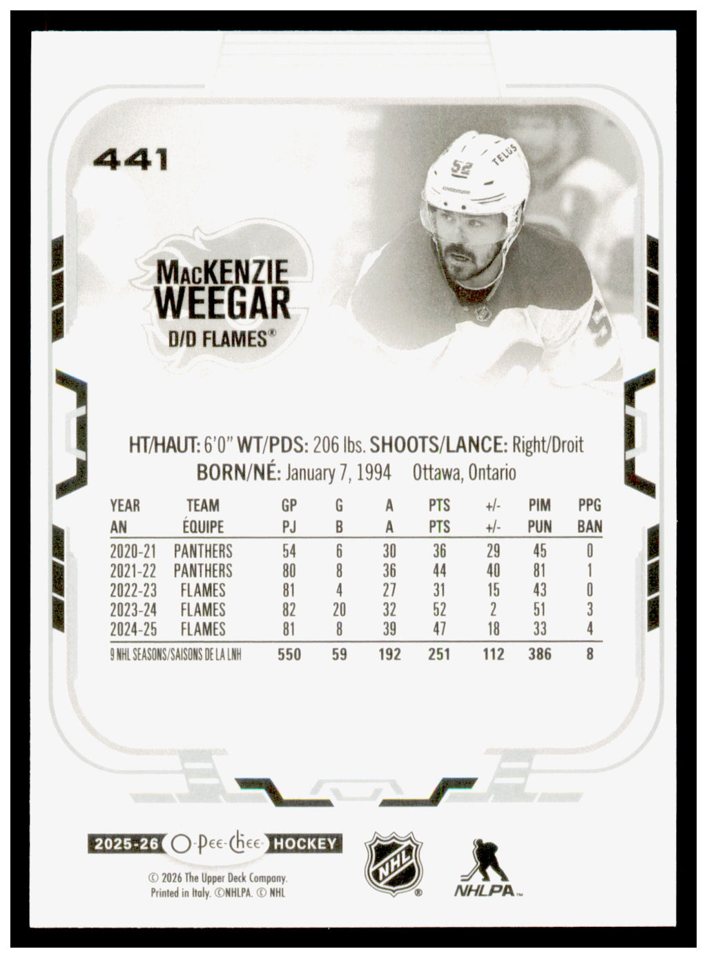 2025-26 O-Pee-Chee MacKenzie Weegar Card Calgary Flames #441