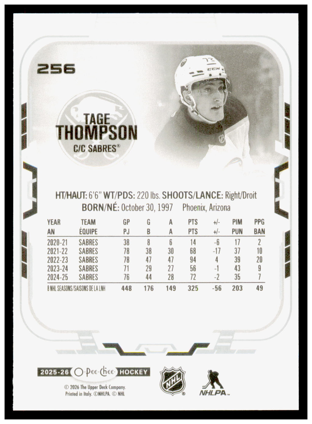 2025-26 O-Pee-Chee Tage Thompson Card Buffalo Sabres #256