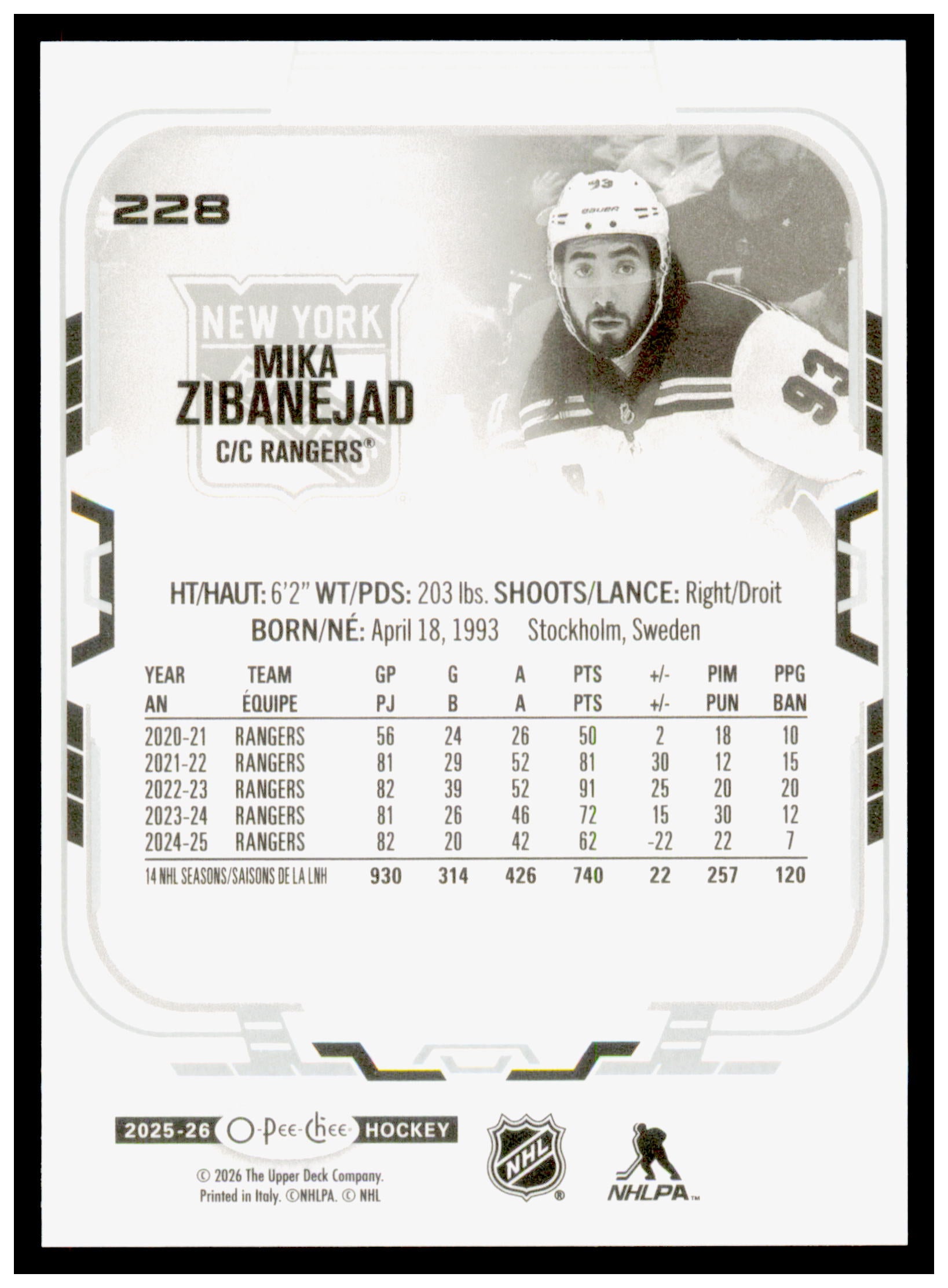2025-26 O-Pee-Chee Mika Zibanejad Card New York Rangers #228