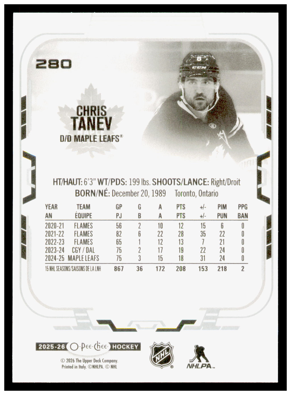2025-26 O-Pee-Chee Christopher Tanev Card Toronto Maple Leafs #280