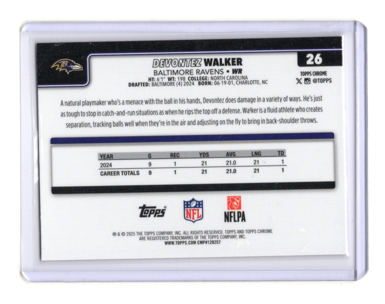 2025 Topps Chrome Devontez Walker Card Pink X-Fractor Baltimore Ravens #26