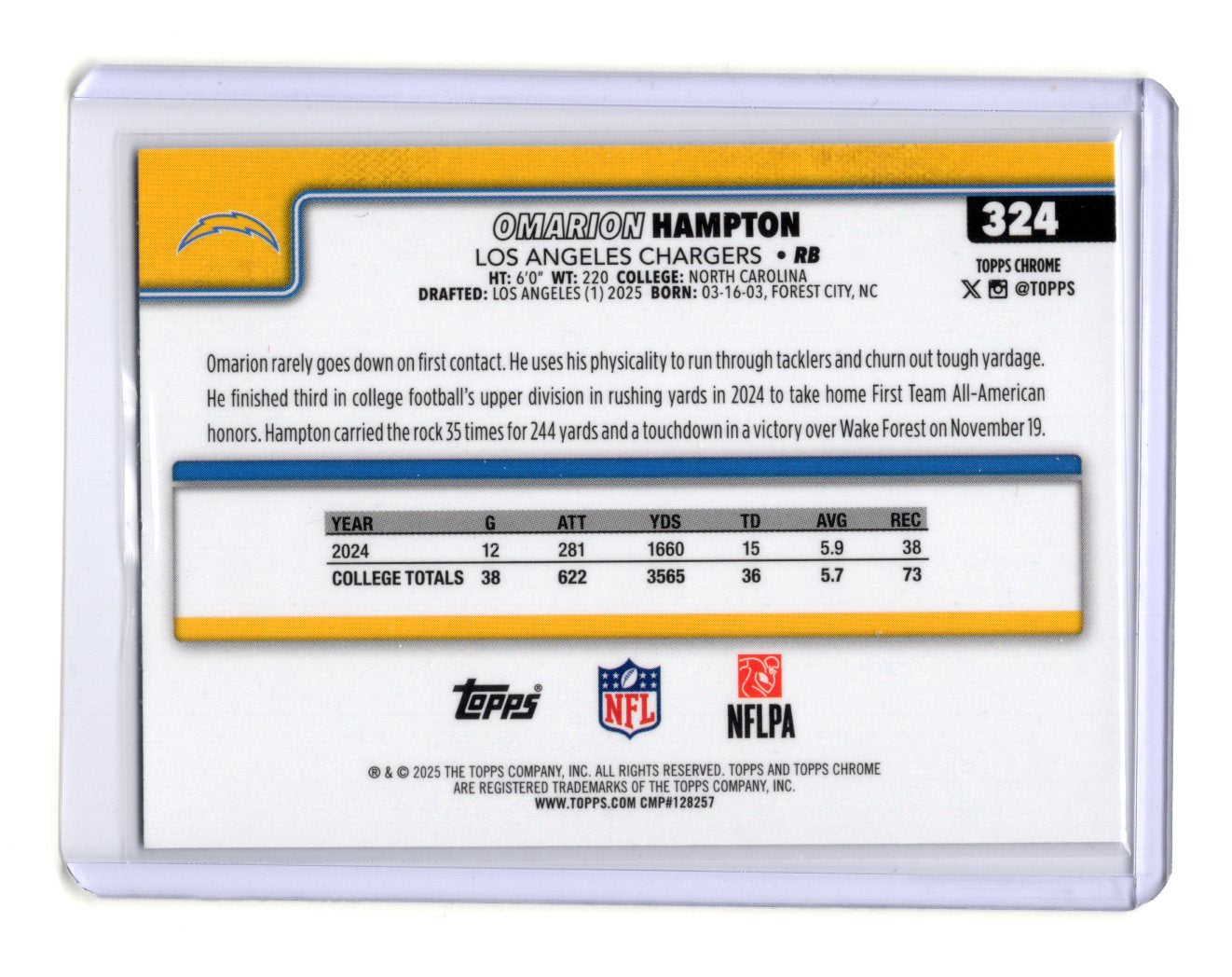 2025 Topps Chrome Omarion Hampton Card X-Fractor RC Los Angeles Chargers #324