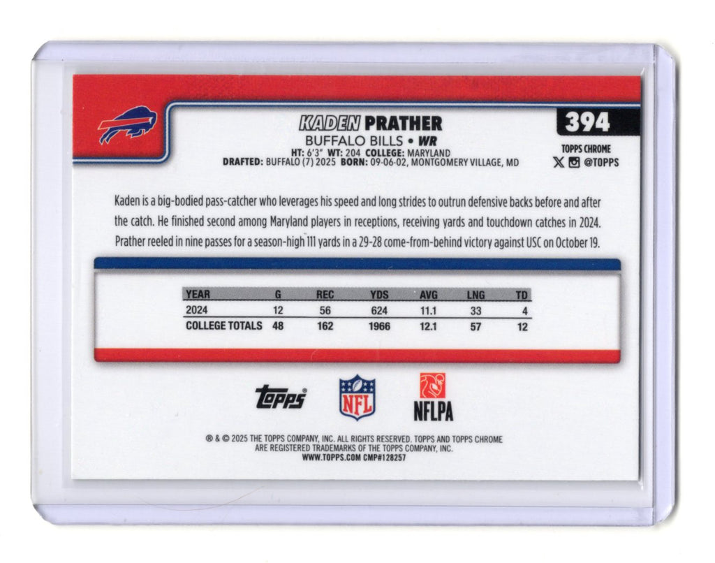 2025 Topps Chrome Kaden Prather Card Lime Green X-Fractor RC Buffalo Bills #394