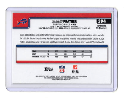 2025 Topps Chrome Kaden Prather Card Lime Green X-Fractor RC Buffalo Bills #394