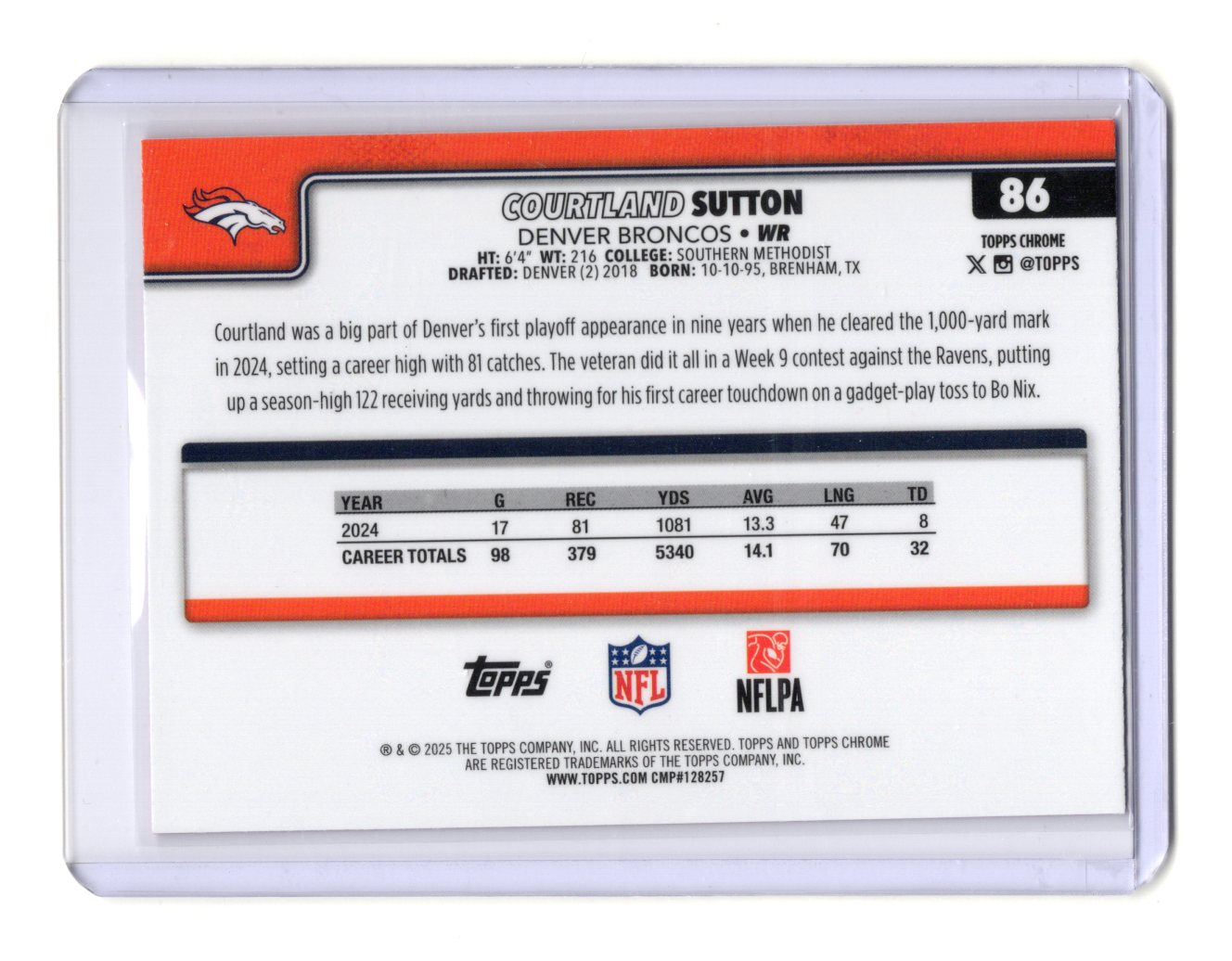 2025 Topps Chrome Courtland Sutton Card Pink X-Fractor Denver Broncos #86