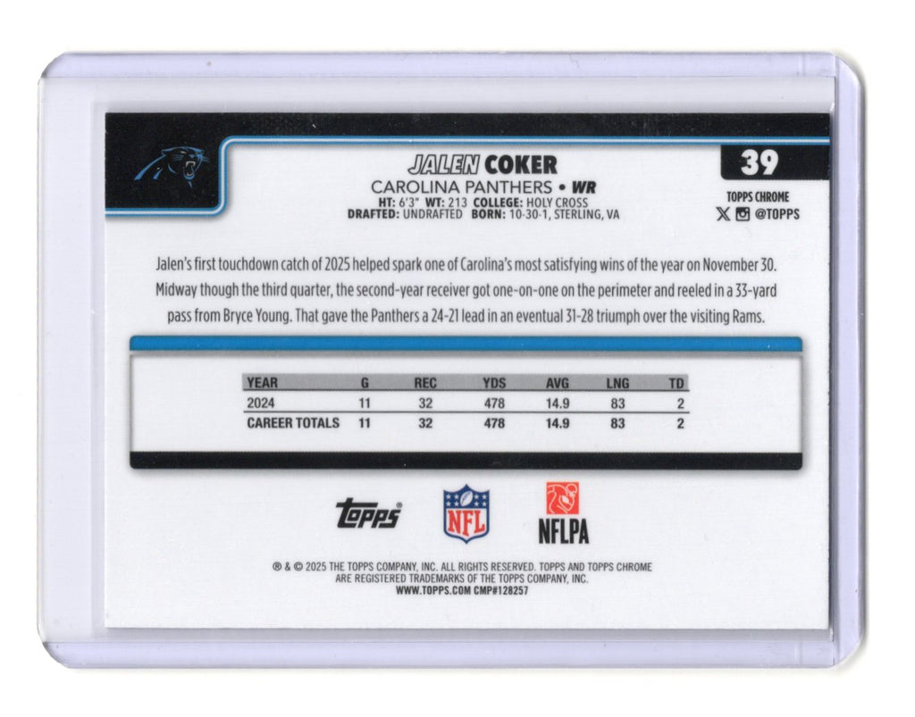 2025 Topps Chrome Jalen Coker Card X-Fractor Carolina Panthers #39