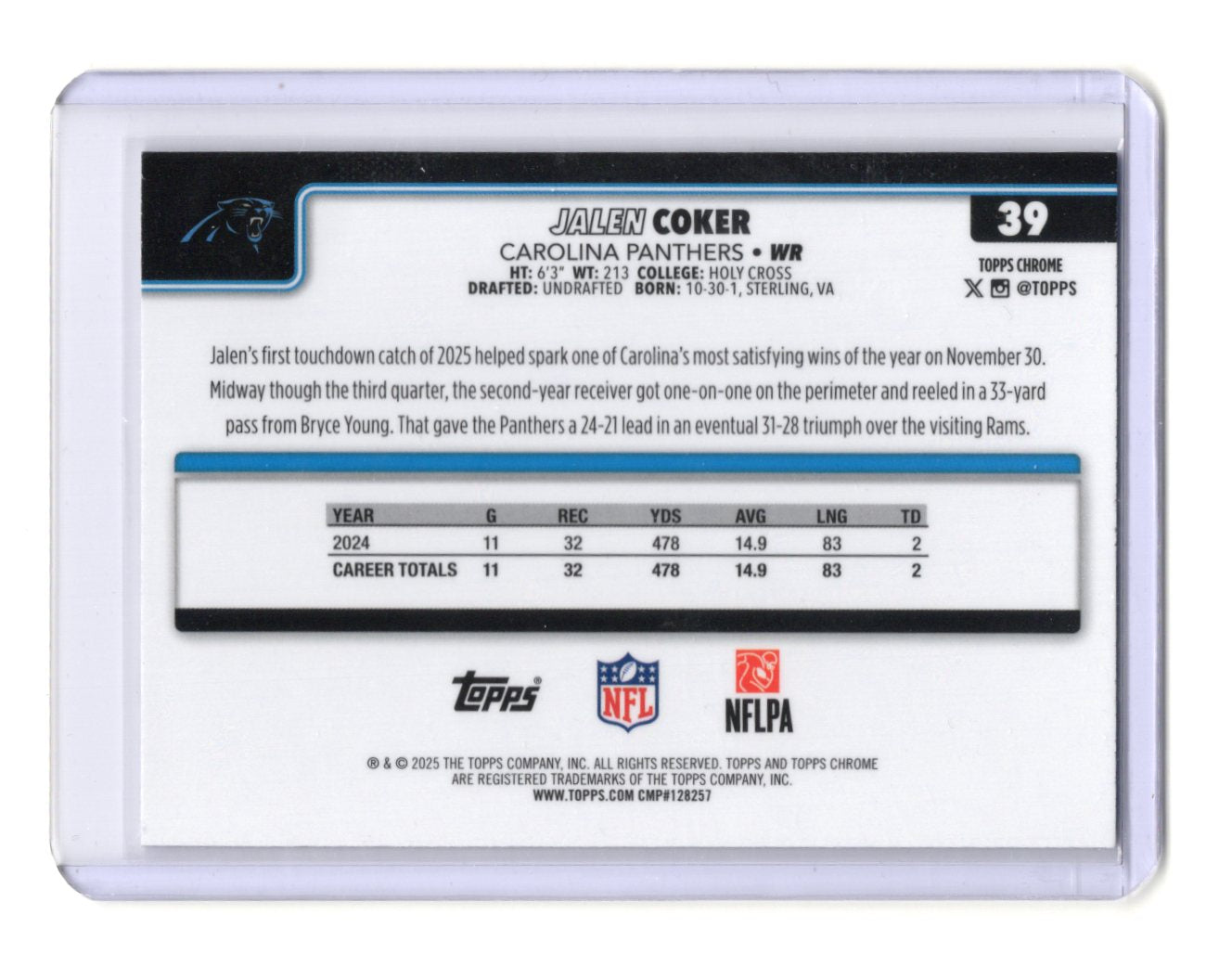2025 Topps Chrome Jalen Coker Card X-Fractor Carolina Panthers #39