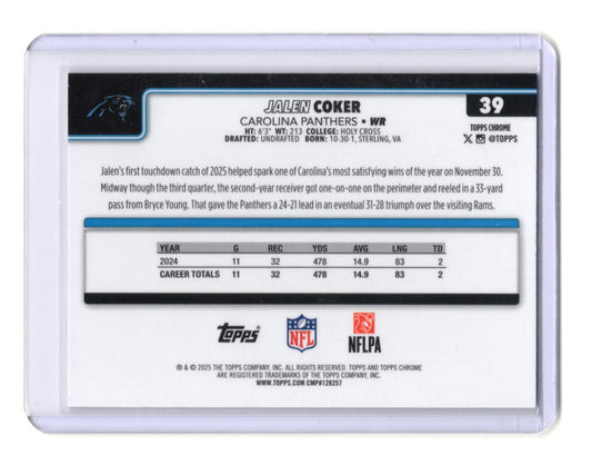 2025 Topps Chrome Jalen Coker Card X-Fractor Carolina Panthers #39