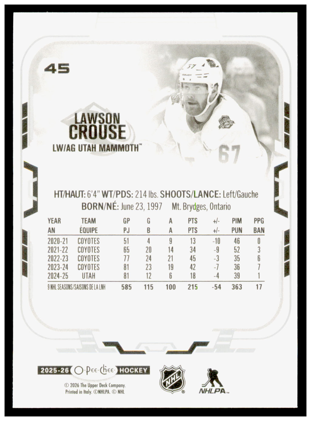 2025-26 O-Pee-Chee Lawson Crouse Card Utah Mammoth #45