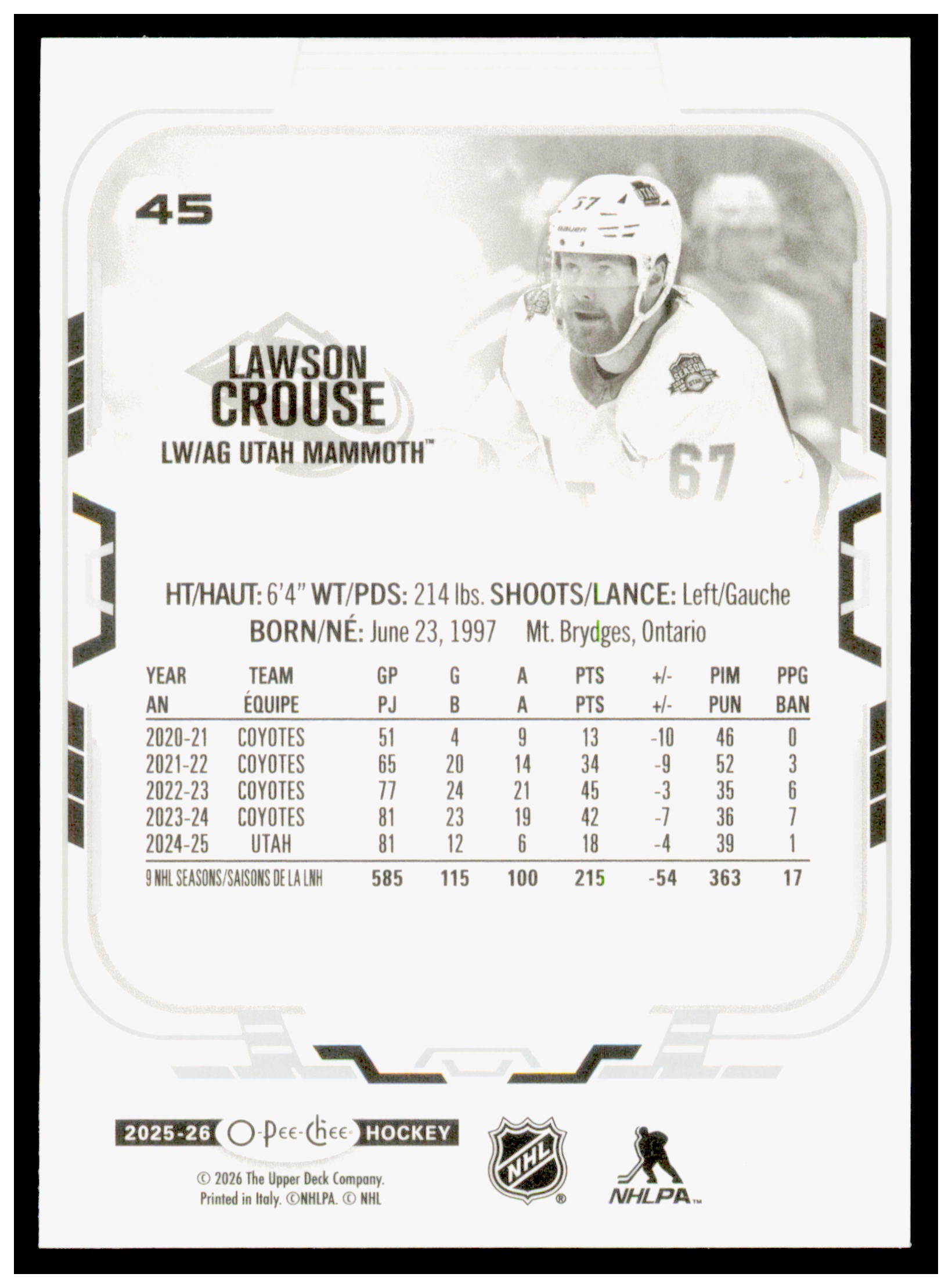 2025-26 O-Pee-Chee Lawson Crouse Card Utah Mammoth #45