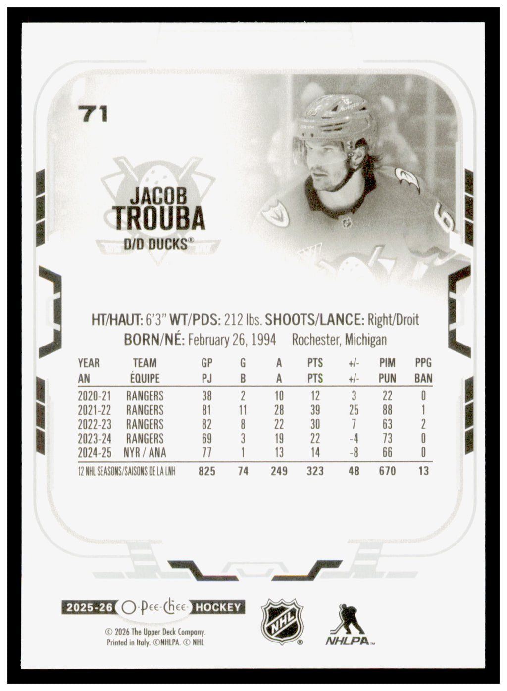 2025-26 O-Pee-Chee Jacob Trouba Card Anaheim Ducks #71