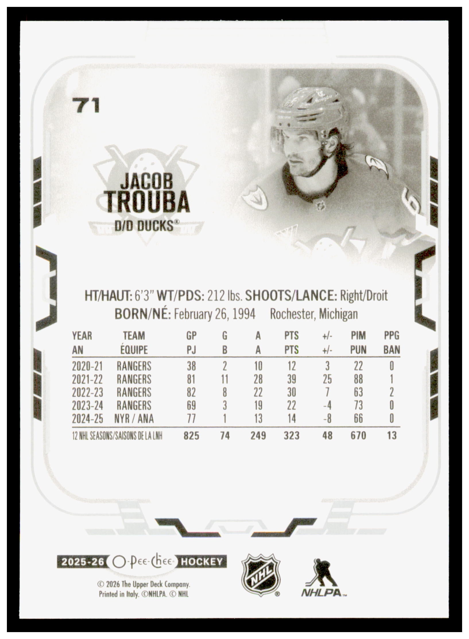 2025-26 O-Pee-Chee Jacob Trouba Card Anaheim Ducks #71