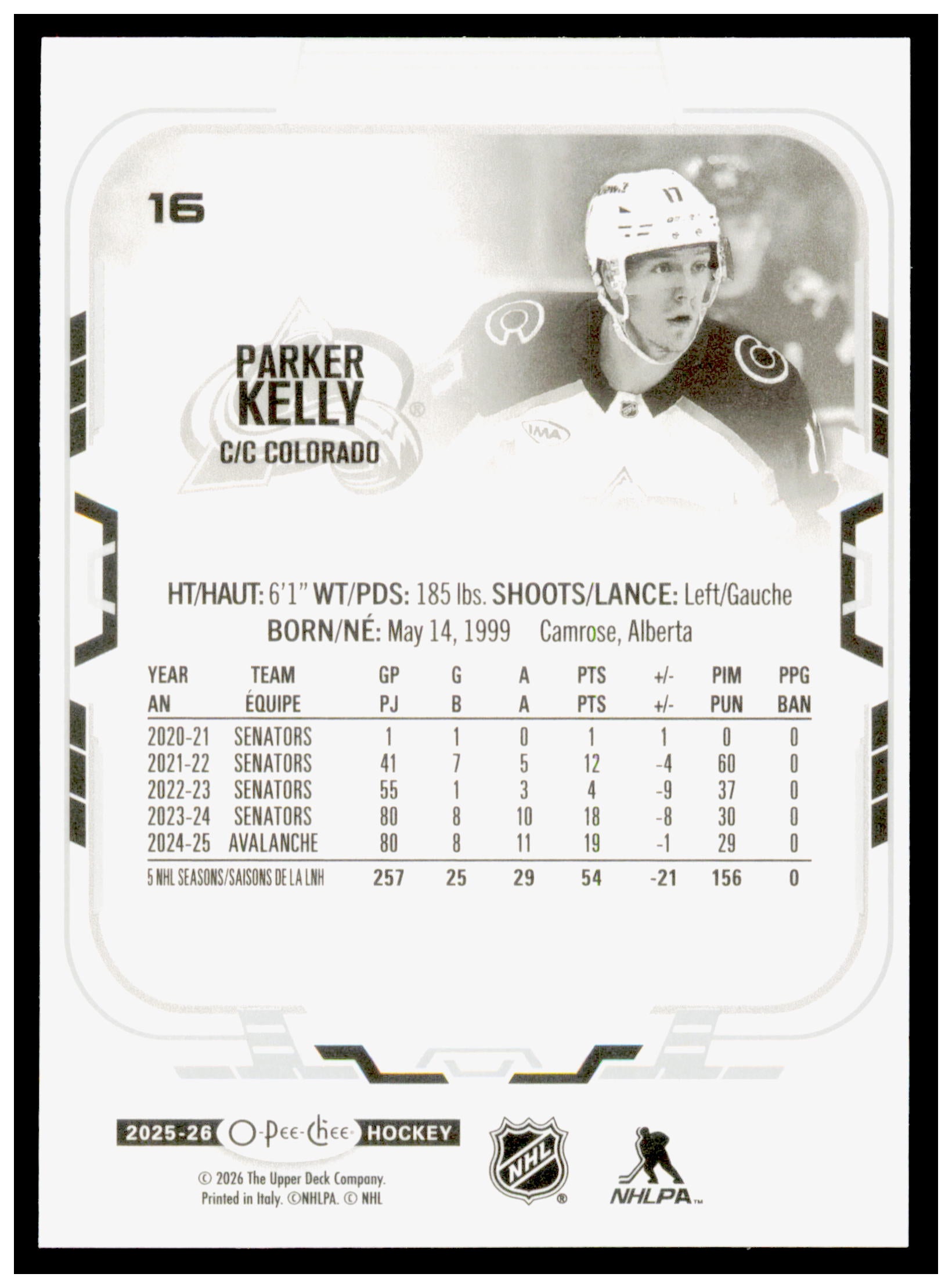 2025-26 O-Pee-Chee Parker Kelly Card Colorado Avalanche #16