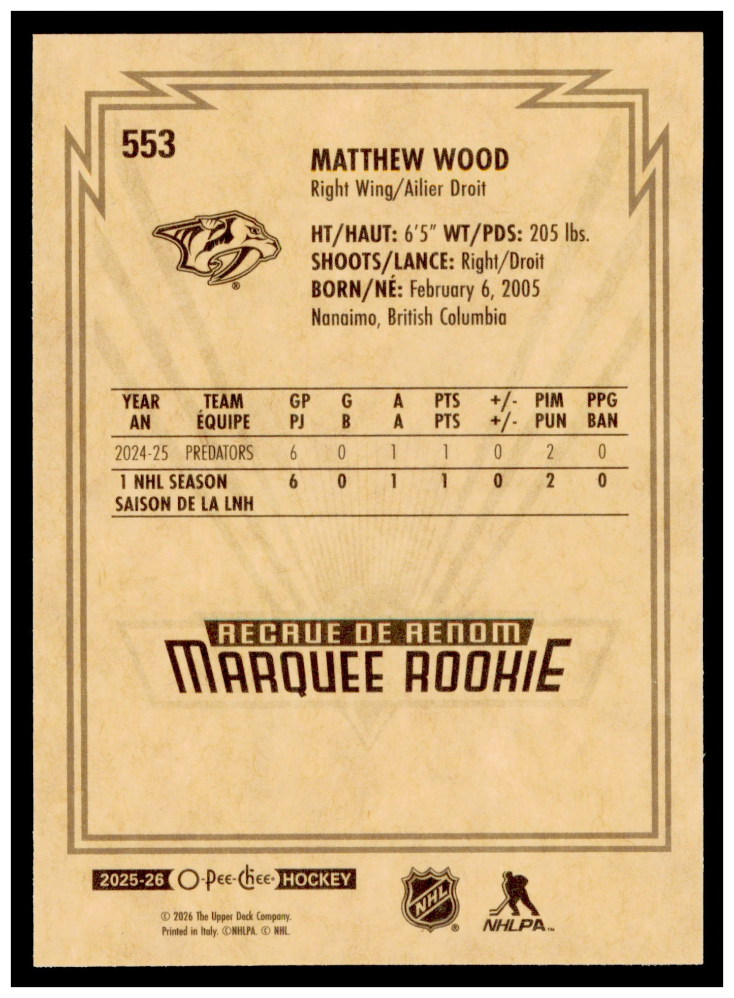 2025-26 O-Pee-Chee Matthew Wood Card Retro Nashville Predators #553