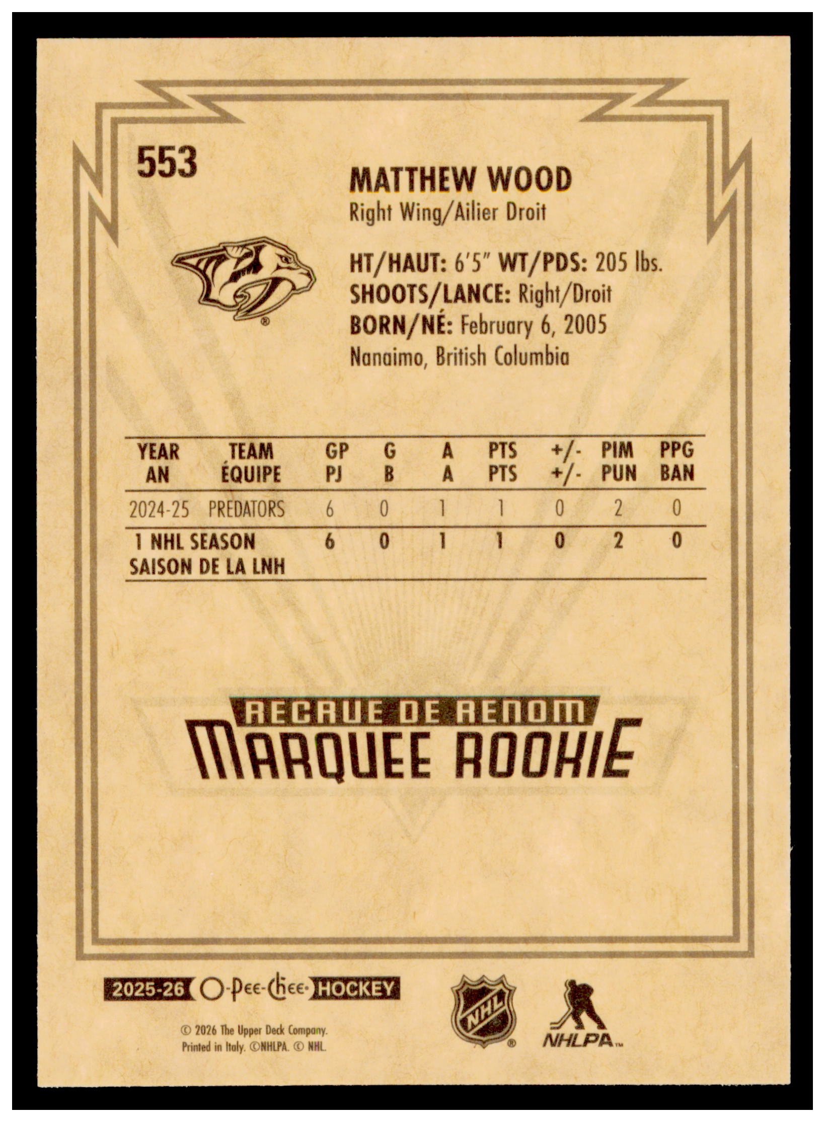 2025-26 O-Pee-Chee Matthew Wood Card Retro Nashville Predators #553