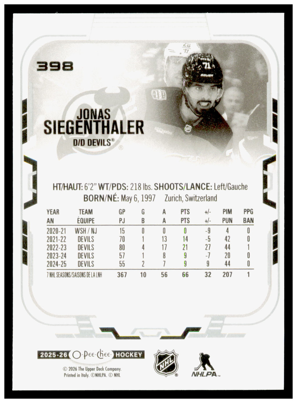 2025-26 O-Pee-Chee Jonas Siegenthaler Card New Jersey Devils #398