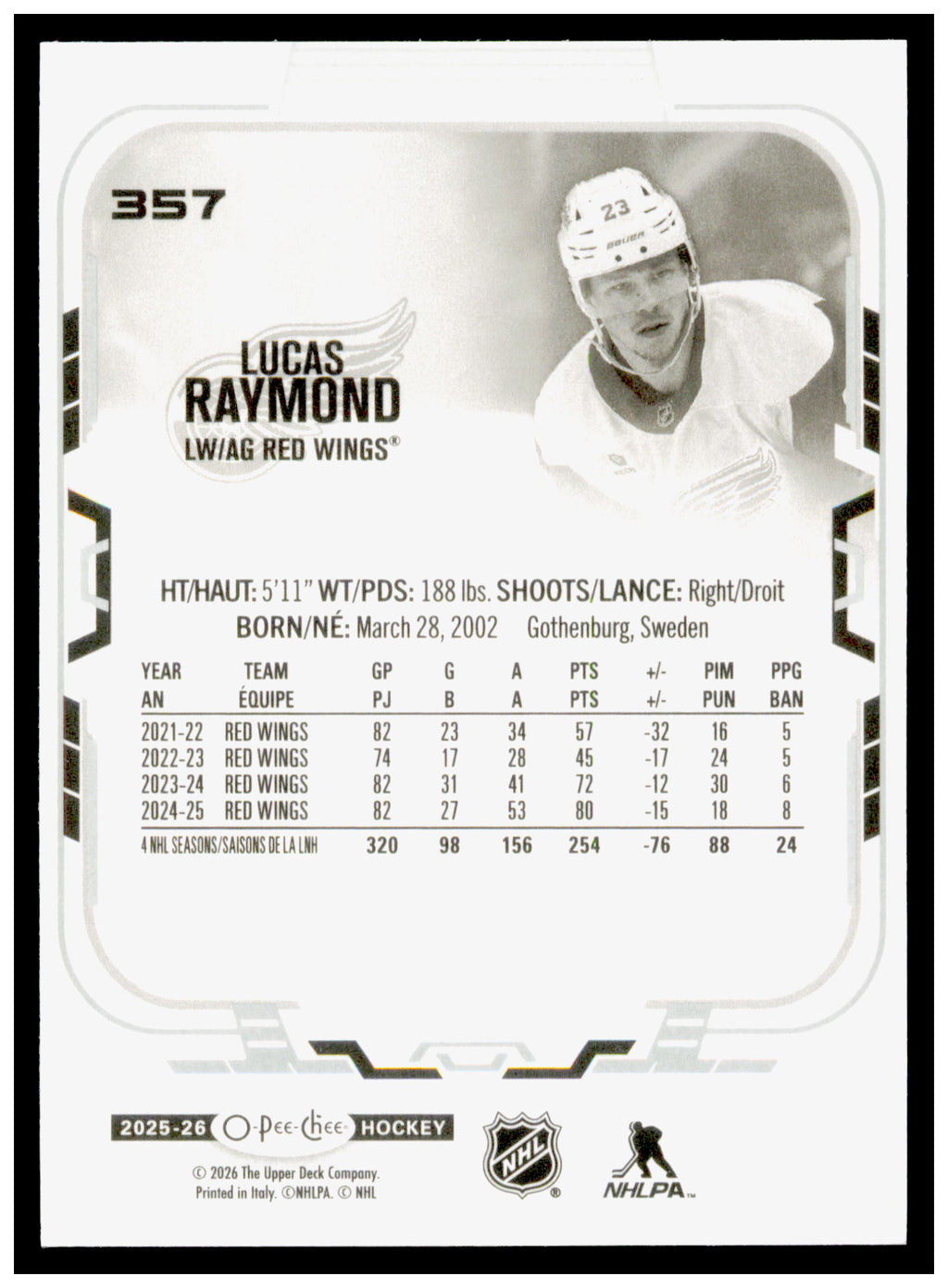 2025-26 O-Pee-Chee Lucas Raymond Card Detroit Red Wings #357