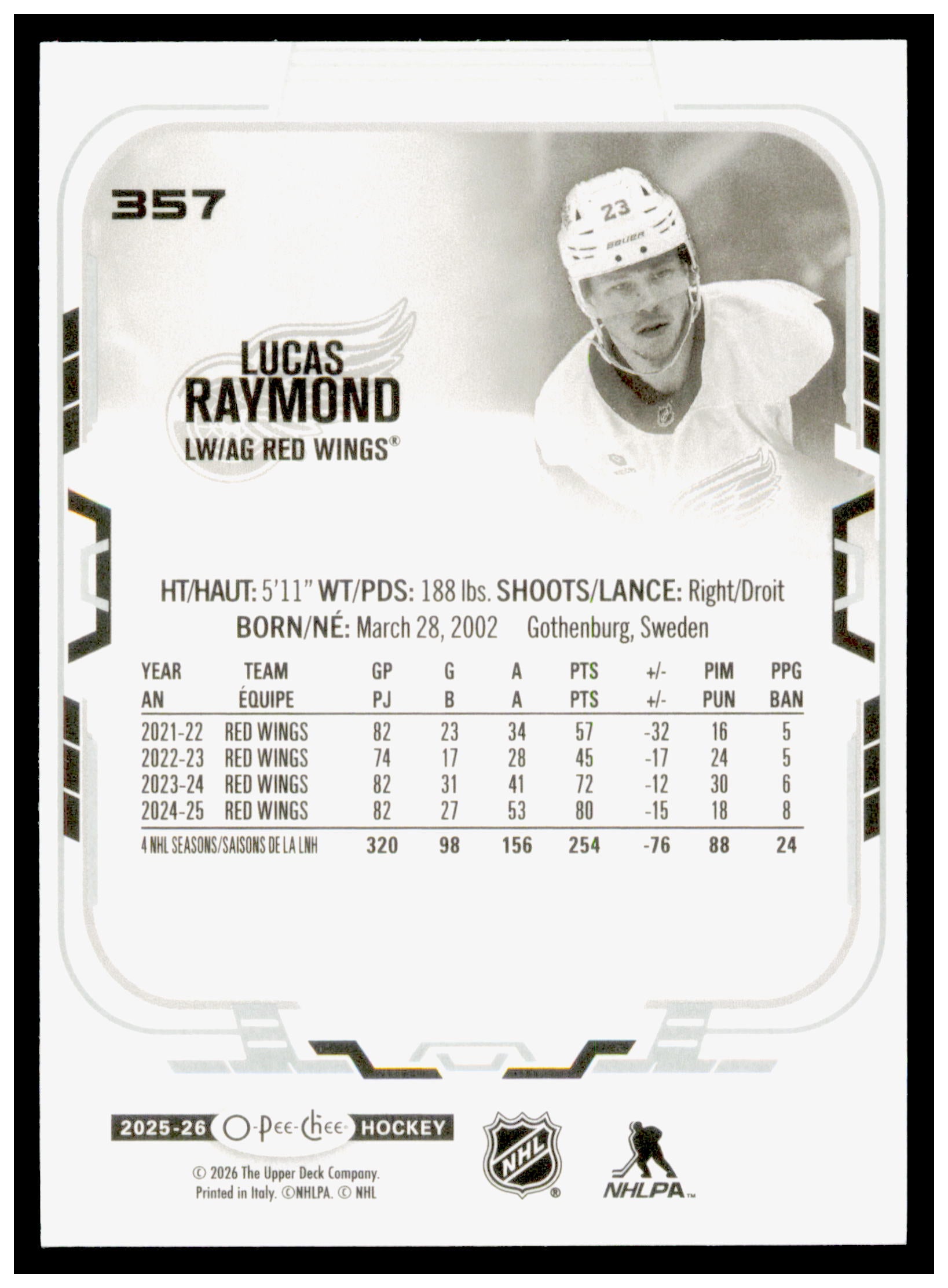 2025-26 O-Pee-Chee Lucas Raymond Card Detroit Red Wings #357