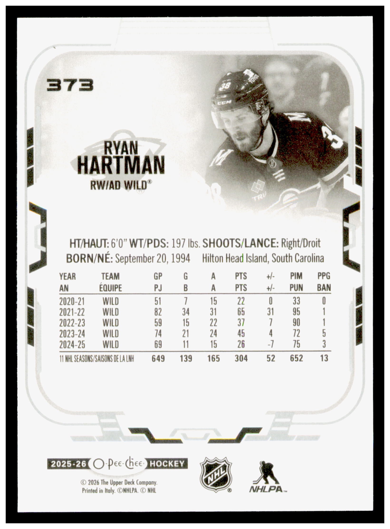 2025-26 O-Pee-Chee Ryan Hartman Card Minnesota Wild #373