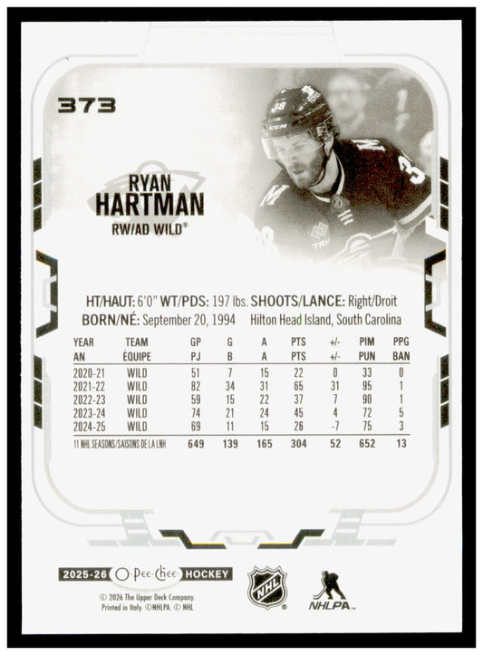 2025-26 O-Pee-Chee Ryan Hartman Card Minnesota Wild #373