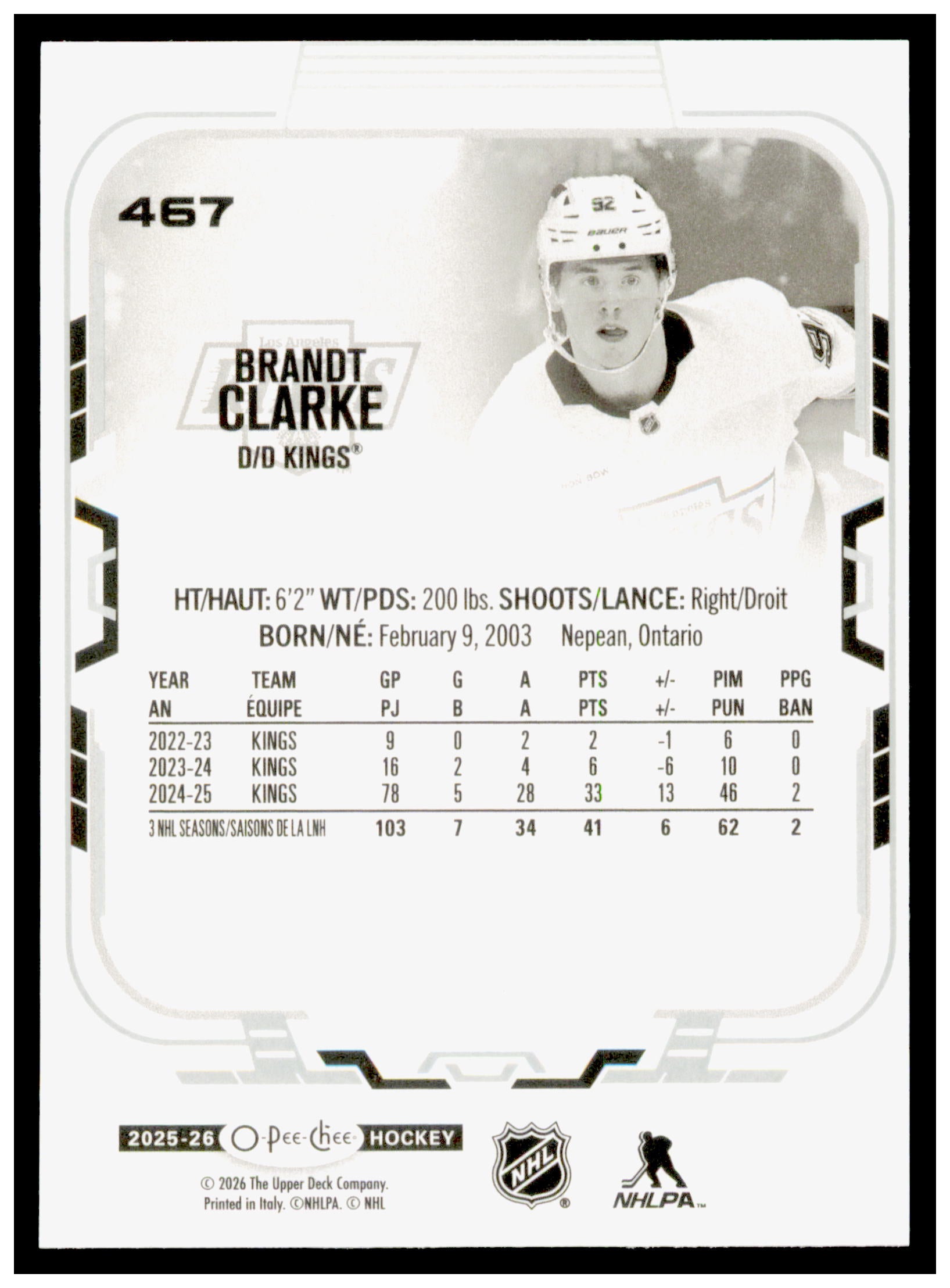2025-26 O-Pee-Chee Brandt Clarke Card Los Angeles Kings #467