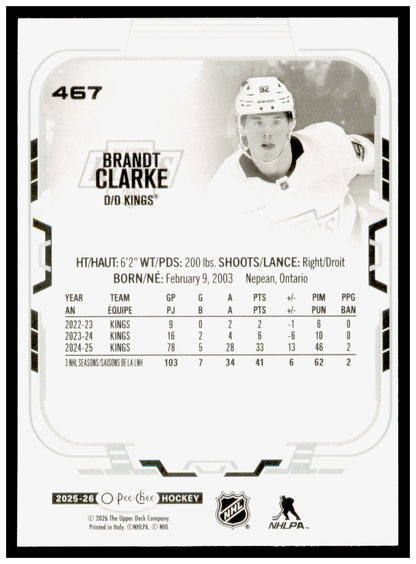 2025-26 O-Pee-Chee Brandt Clarke Card Los Angeles Kings #467