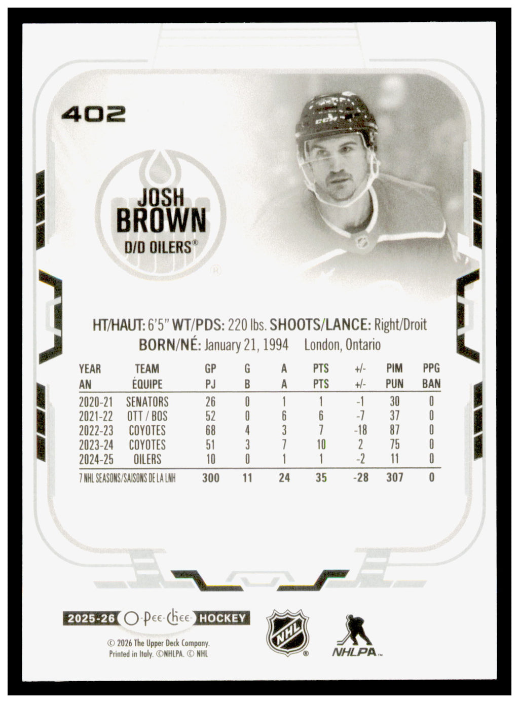2025-26 O-Pee-Chee Josh Brown Card Edmonton Oilers #402