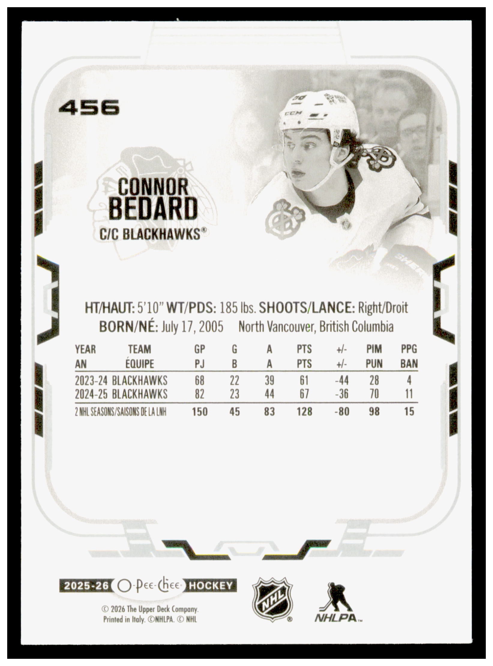 2025-26 O-Pee-Chee Connor Bedard Card Chicago Blackhawks #456