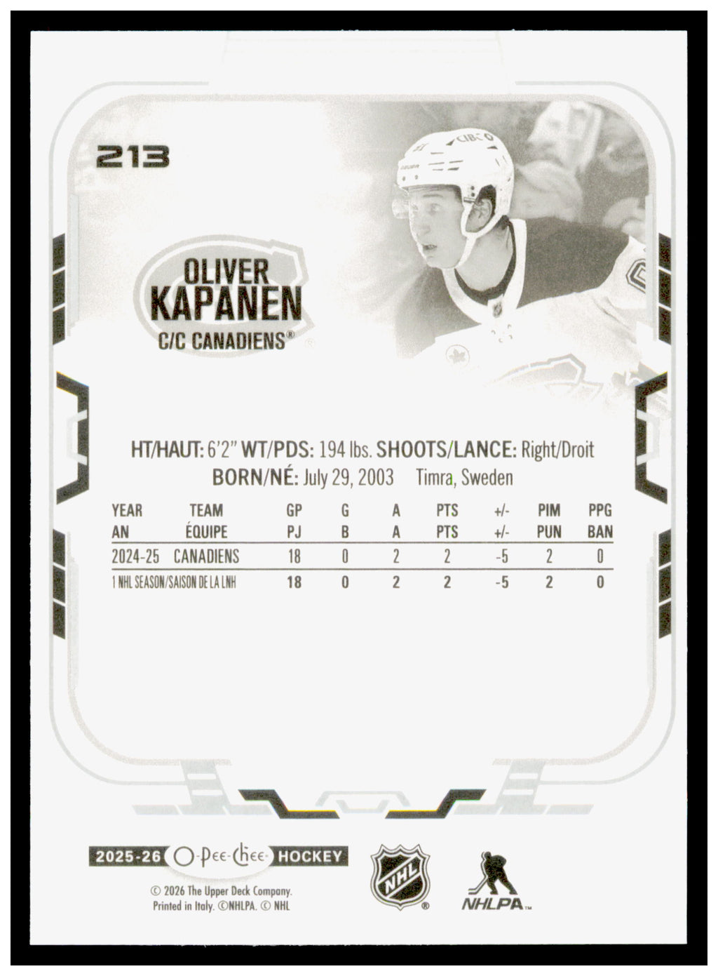 2025-26 O-Pee-Chee Oliver Kapanen Card Montreal Canadiens #213