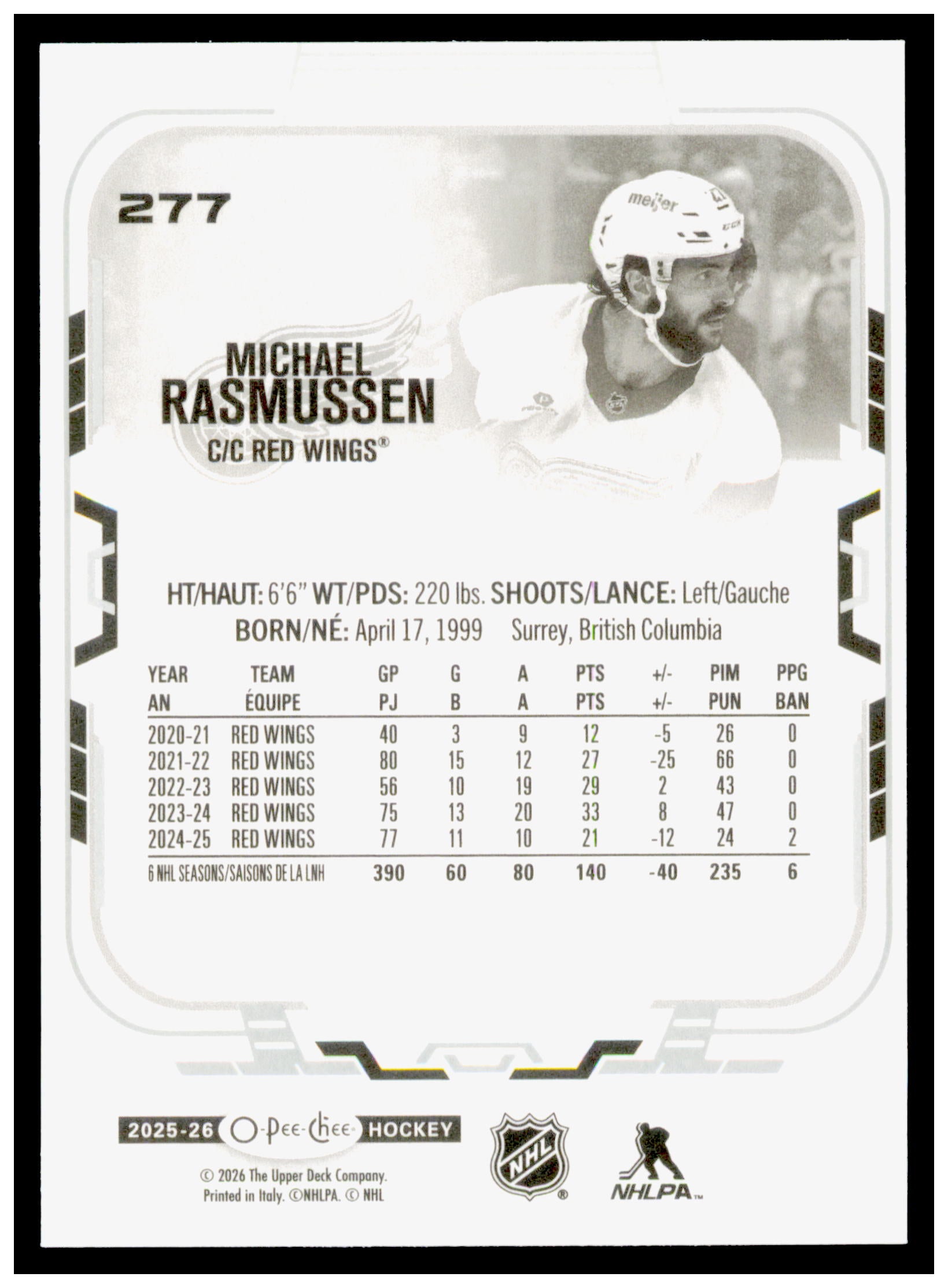 2025-26 O-Pee-Chee Michael Rasmussen Card Detroit Red Wings #277