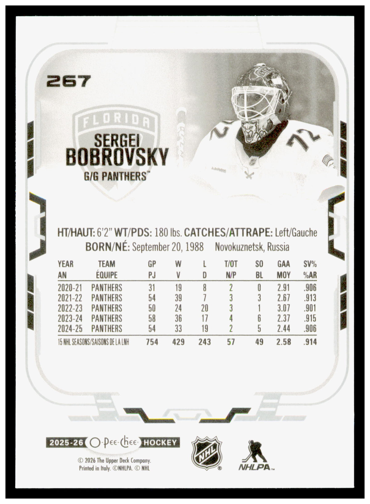 2025-26 O-Pee-Chee Sergei Bobrovsky Card Florida Panthers #267