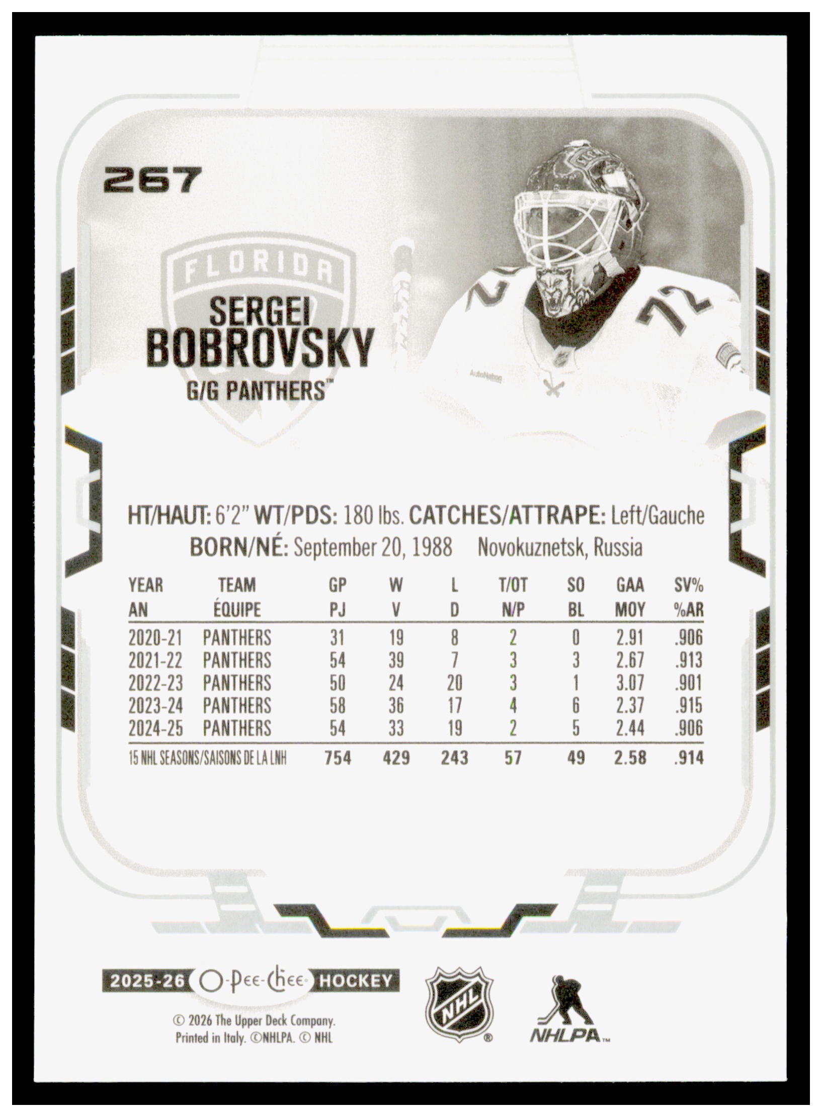 2025-26 O-Pee-Chee Sergei Bobrovsky Card Florida Panthers #267