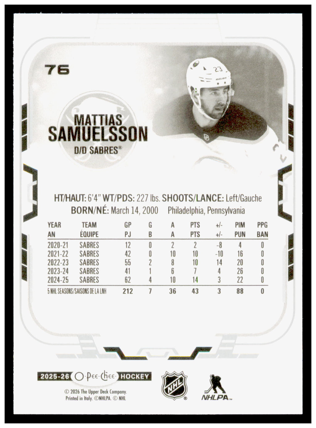 2025-26 O-Pee-Chee Mattias Samuelsson Card Buffalo Sabres #76