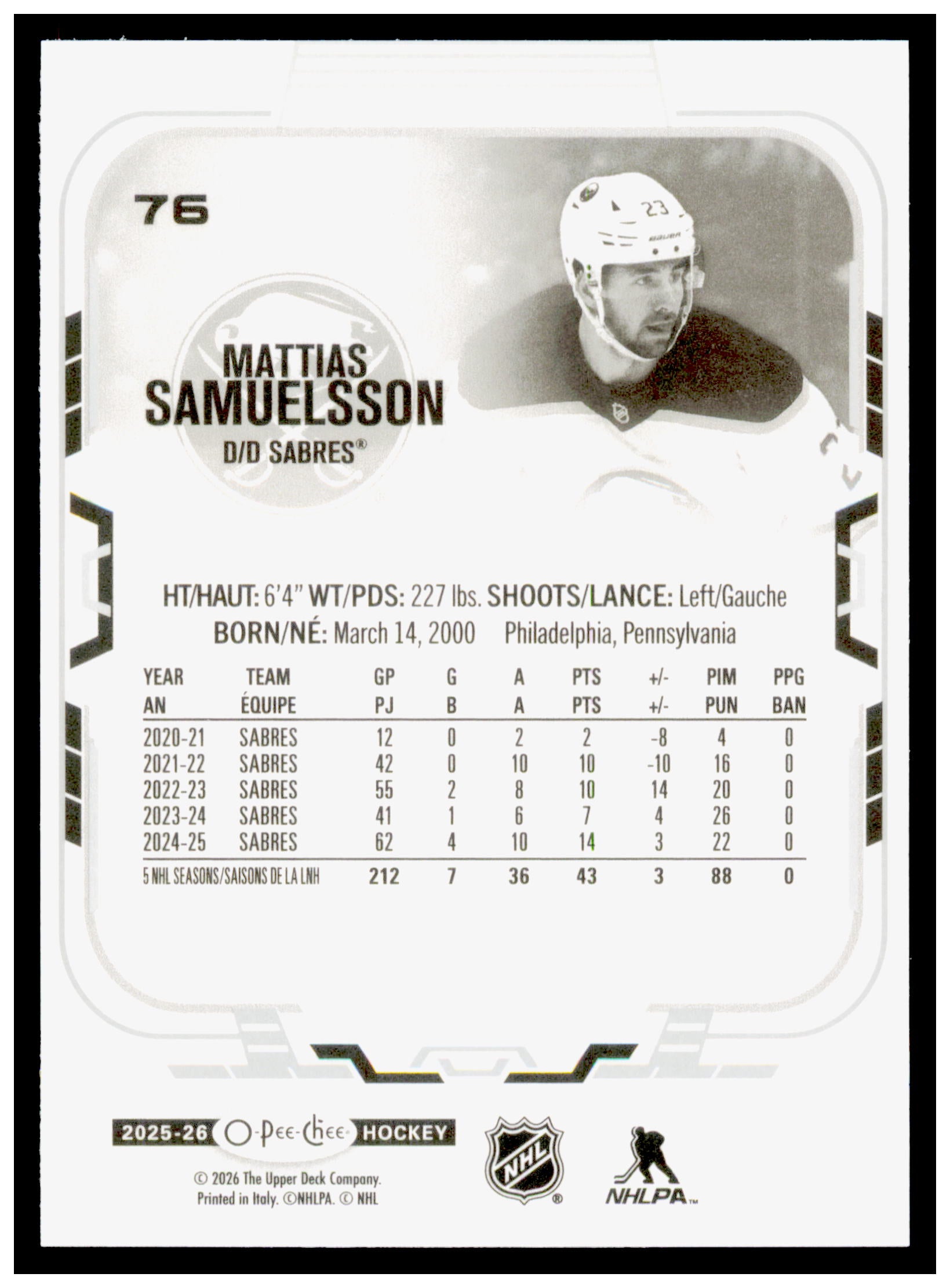 2025-26 O-Pee-Chee Mattias Samuelsson Card Buffalo Sabres #76