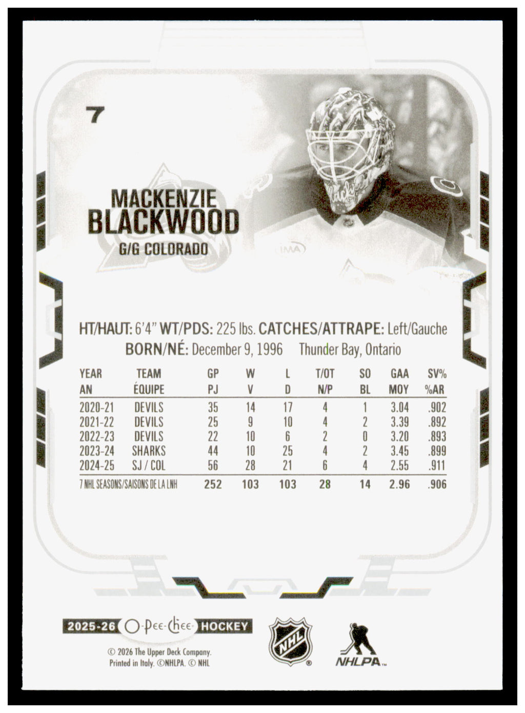 2025-26 O-Pee-Chee Mackenzie Blackwood Card Colorado Avalanche #7