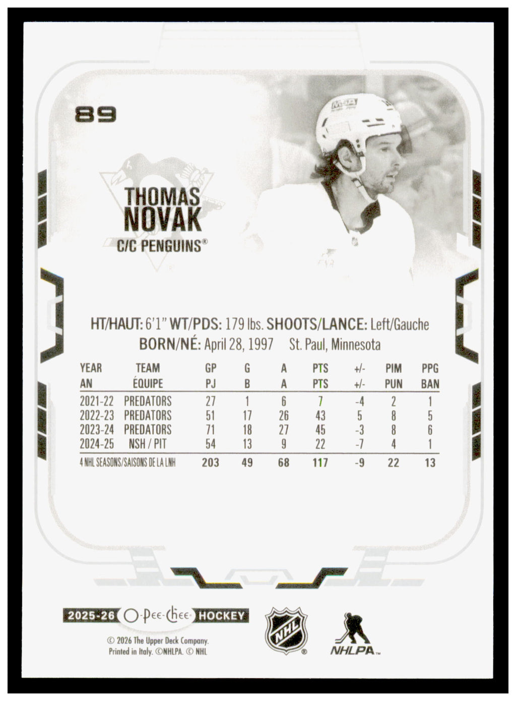 2025-26 O-Pee-Chee Thomas Novak Card Pittsburgh Penguins #89